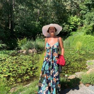 Multicolor Floral Sleeveless Strappy Tie V-Neck 2 Piece Pants Long Lightweight